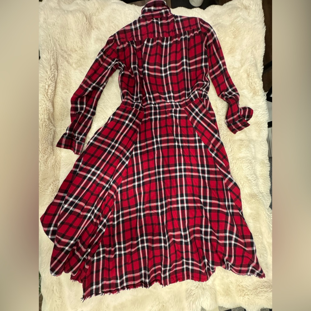 Zara Premium Denim Collection Red White and Black Plaid Asymmetrical Dress L